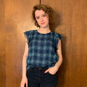 Promod Classy Blue Blouse Short Sleeves Ruffles